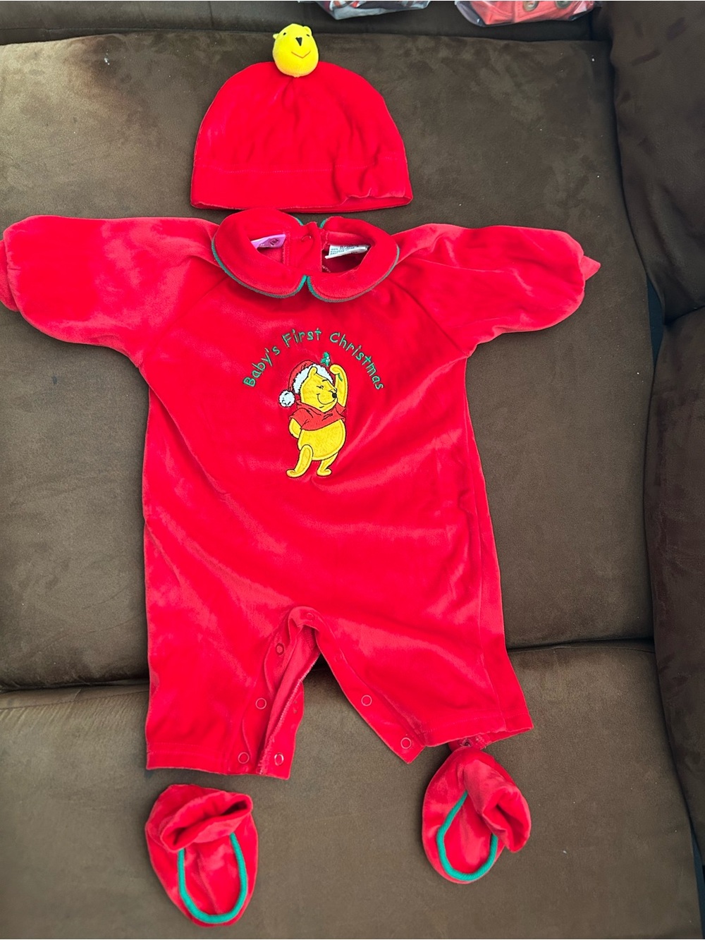 0-3mo Red Winnie the Pooh Baby One-Piece Holiday Romper with Hat and Booties